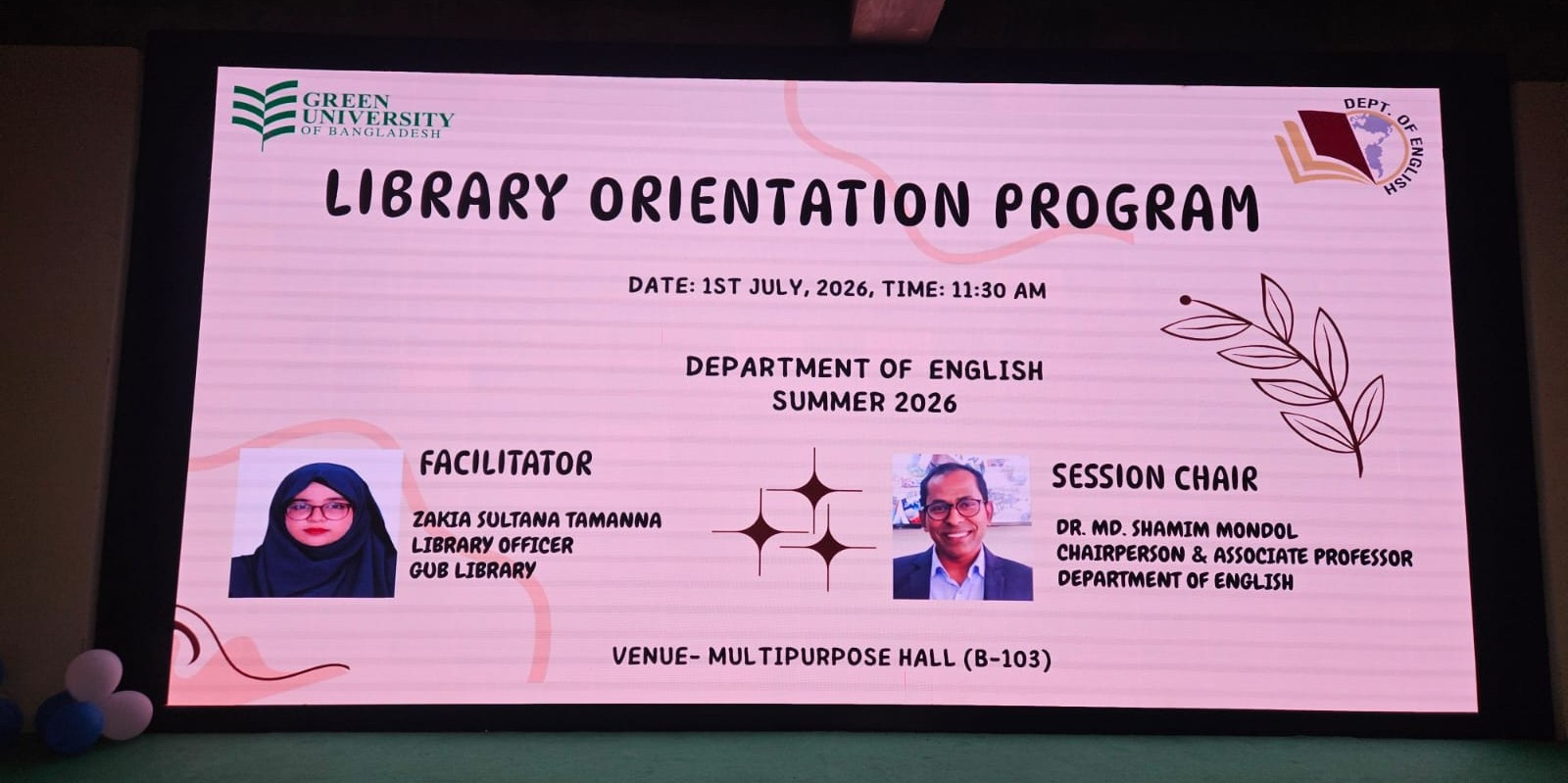 GUB Library Organizes Library Orientation Program in Collaboration with the Department of English