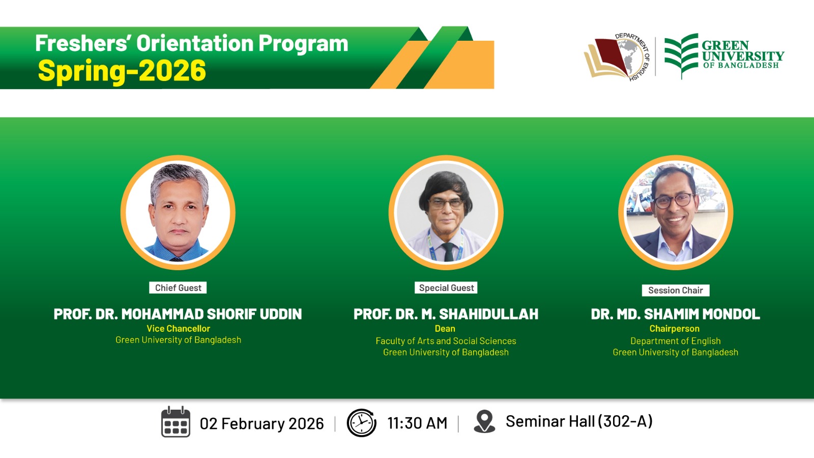 Successful Completion of Freshers' Orientation Program for Spring 2026, Department of English